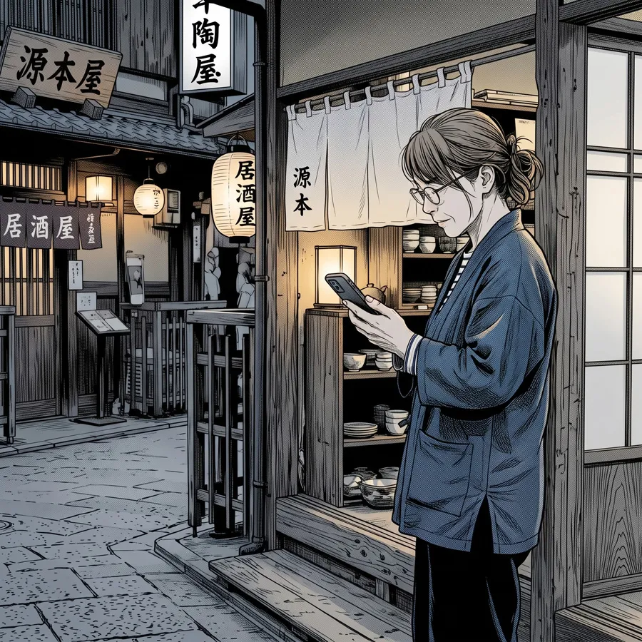 スマートフォンの光に照らされる、小さな商店の店主の後ろ姿